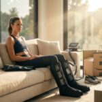 Athlete at home using budget leg compression boots connected to a compact control unit with an Amazon box and $99 price tag visible in the background
