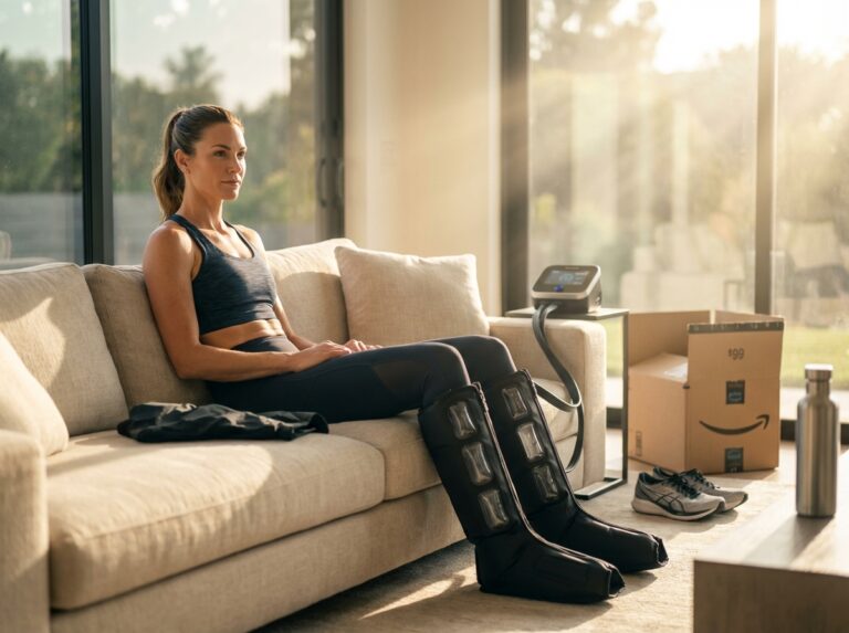 Athlete at home using budget leg compression boots connected to a compact control unit with an Amazon box and $99 price tag visible in the background