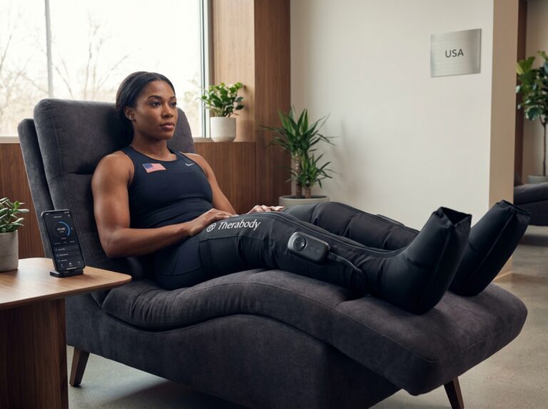 Athlete wearing Therabody RecoveryAir JetBoots on both legs while checking the RecoveryAir app on a smartphone in a clean modern recovery room