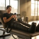 Athlete using budget compression boots in a modern gym for recovery with control unit and smartphone app visible