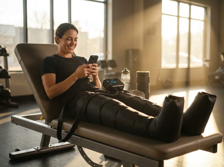 Athlete using budget compression boots in a modern gym for recovery with control unit and smartphone app visible