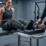 Athlete in gym wearing leg compression boots while a massage gun sits nearby illustrating recovery tools