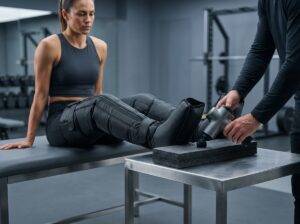 Athlete in gym wearing leg compression boots while a massage gun sits nearby illustrating recovery tools