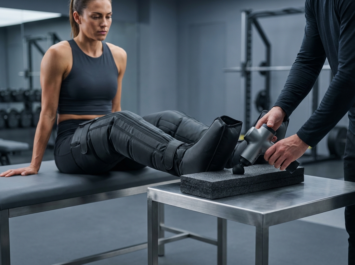 Athlete in gym wearing leg compression boots while a massage gun sits nearby illustrating recovery tools