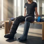 Two sets of compression recovery boots side-by-side on an athlete at a modern gym with a smartphone showing each device app screen