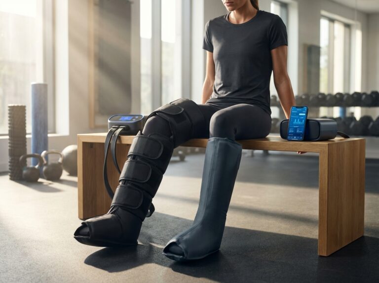 Two sets of compression recovery boots side-by-side on an athlete at a modern gym with a smartphone showing each device app screen