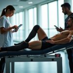 Athlete wearing dynamic compression boots while coach adjusts recovery program on a tablet in a modern training facility