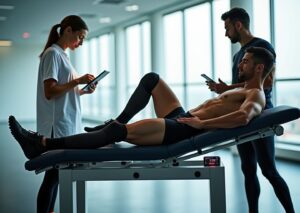 Athlete wearing dynamic compression boots while coach adjusts recovery program on a tablet in a modern training facility