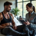 Athlete wearing compression boots while holding a massage gun in a sports recovery room with a therapist reviewing settings