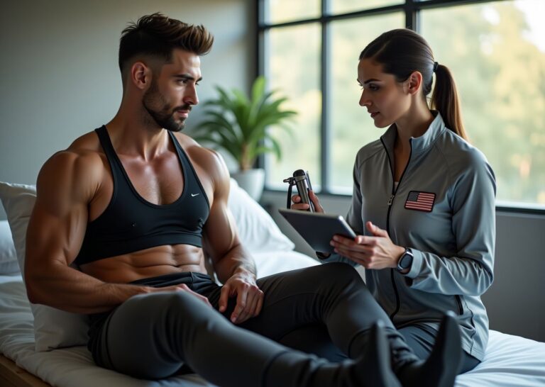 Athlete wearing compression boots while holding a massage gun in a sports recovery room with a therapist reviewing settings