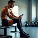 Athlete wearing three-leg compression recovery boots in a modern training facility, controller and app visible on bench nearby