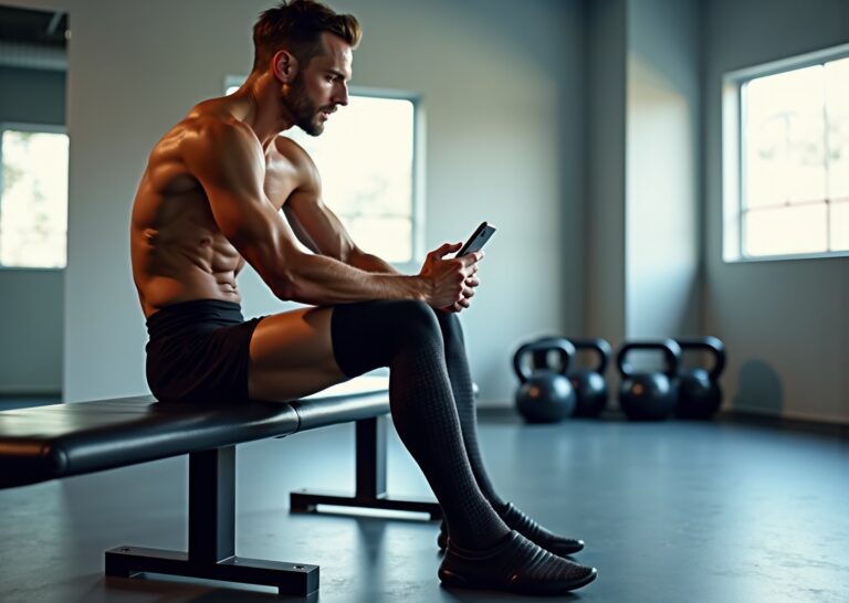 Athlete wearing three-leg compression recovery boots in a modern training facility, controller and app visible on bench nearby