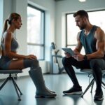 Athlete using full-leg compression boots while another athlete wears compression socks in a bright sports recovery clinic, trainer checking program settings on a tablet
