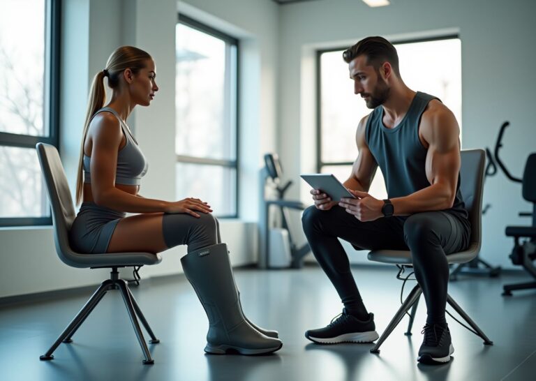 Athlete using full-leg compression boots while another athlete wears compression socks in a bright sports recovery clinic, trainer checking program settings on a tablet