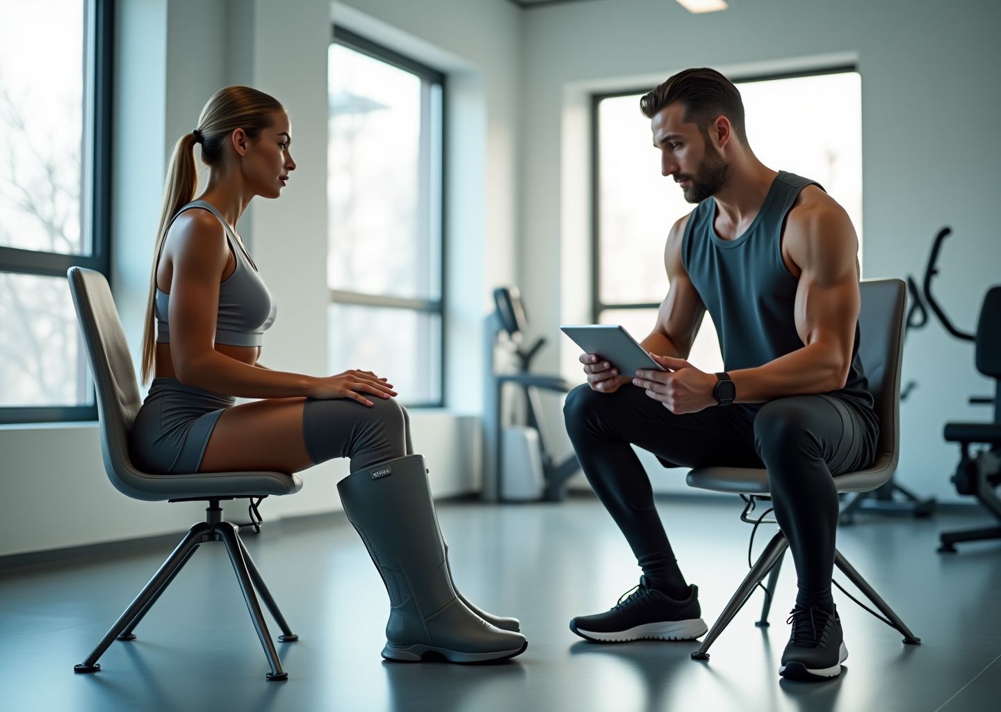 Athlete using full-leg compression boots while another athlete wears compression socks in a bright sports recovery clinic, trainer checking program settings on a tablet