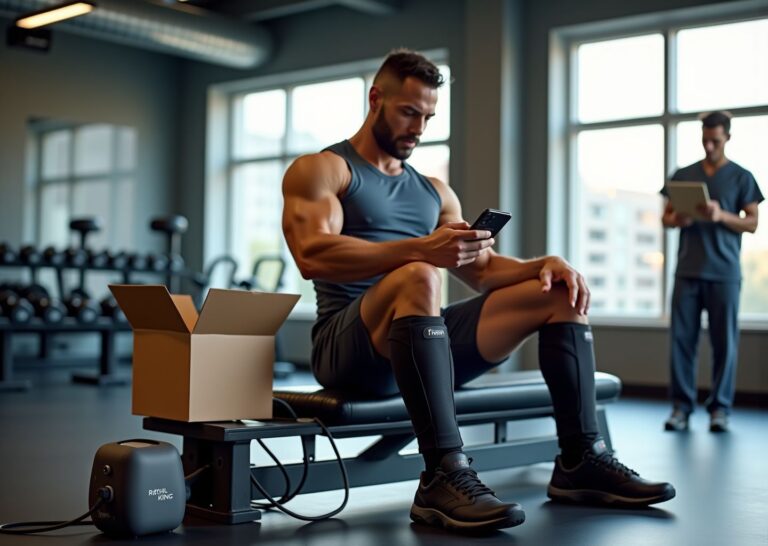 Athlete wearing Fit King and Renpho compression boots side by side in a gym testing recovery devices